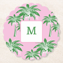 Roze Groene Palm Tree Preppy Zomer Douche Monogram Kartonnen Onderzetters