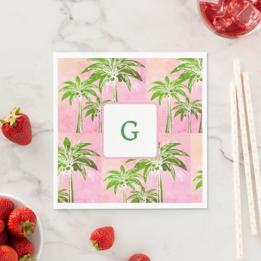 Roze Groene Palm Tree Preppy Zomer Ombre Monogram Servet (Insitu)