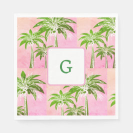 Roze Groene Palm Tree Preppy Zomer Ombre Monogram Servet