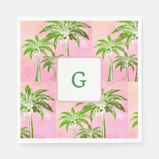 Roze Groene Palm Tree Preppy Zomer Ombre Monogram Servet (Voorkant)