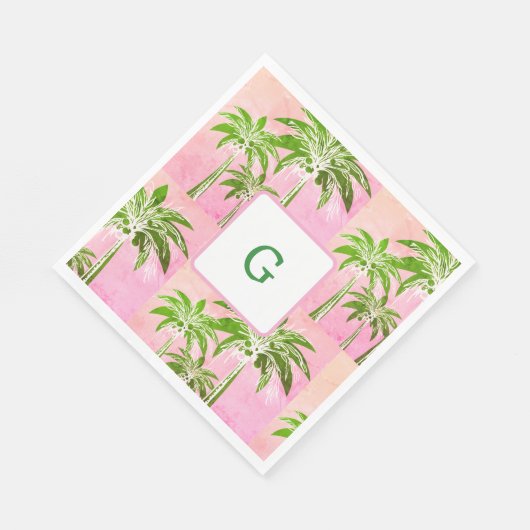 Roze Groene Palm Tree Preppy Zomer Ombre Monogram Servet (Hoek)