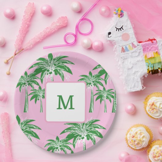 Roze Groene Palm Tree Preppy Zomer Strand Monogram Papieren Bordje (Feest)