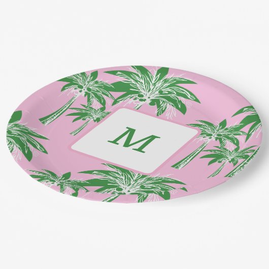 Roze Groene Palm Tree Preppy Zomer Strand Monogram Papieren Bordje (Gekanteld)