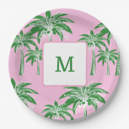 Roze Groene Palm Tree Preppy Zomer Strand Monogram Papieren Bordje