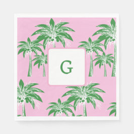 Roze Groene Palm Tree Preppy Zomer Strand Monogram Servet