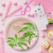 Roze Groene Palm Tree Waterverf Vrijgezellenfeest  Papieren Bordje (Feest)