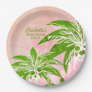 Roze Groene Palm Tree Waterverf Vrijgezellenfeest  Papieren Bordje