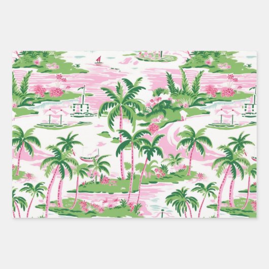 Roze & groene palmboom inpakpapier vellen (set (Voorkant 3)