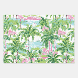 Roze & groene palmboom inpakpapier vellen (set