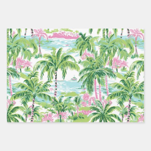 Roze & groene palmboom inpakpapier vellen (set (Voorkant)