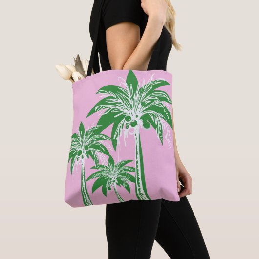 Roze Groene Palmboom Preppy Girly Beach Tote Bag (Dichtbij)