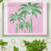 Roze Groene Palmboom Preppy Kuststrand Theedoek (Gevouwen)