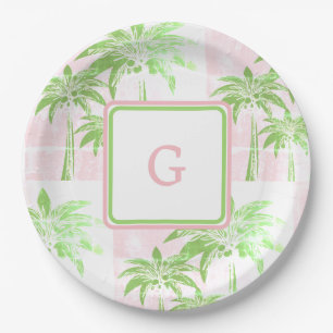 Roze groene palmboom Preppy Ombre vierkant monogra Papieren Bordje