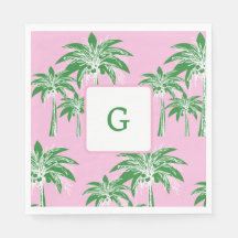 Roze Groene Palmboom Preppy Zomer Strand Monogram