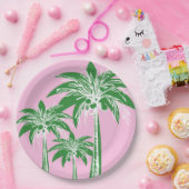Roze Groene Palmboom Preppy Zomer Strand Tropisch Papieren Bordje (Feest)