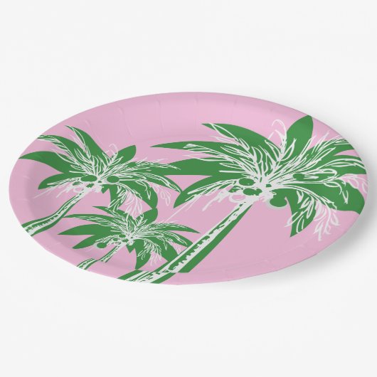Roze Groene Palmboom Preppy Zomer Strand Tropisch Papieren Bordje (Gekanteld)