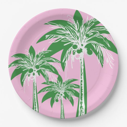 Roze Groene Palmboom Preppy Zomer Strand Tropisch Papieren Bordje (Voorkant)