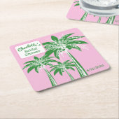 Roze Groene Palmboom Trouwfeest Script Naam Kartonnen Onderzetters (Schuin)