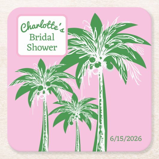 Roze Groene Palmboom Trouwfeest Script Naam Kartonnen Onderzetters (Voorkant)
