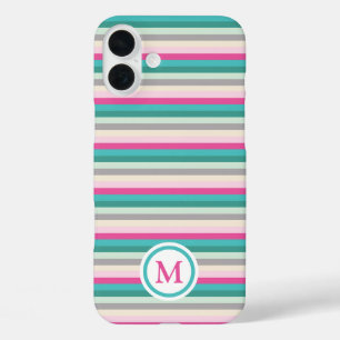 Roze groene pasta Striped Monogram iPhone 16 Plus Hoesje