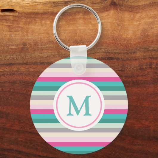 Roze groene pasta Striped Monogram Sleutelhanger (Voorkant)