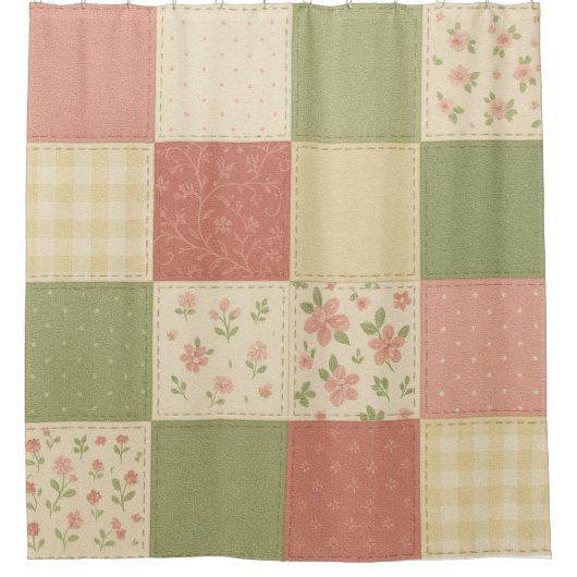 Roze Groene Patchwork Quilt Rustieke Boerderij Blo Douchegordijn (Voorkant)