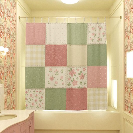 Roze Groene Patchwork Quilt Rustieke Boerderij Blo Douchegordijn