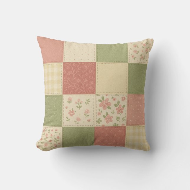 Roze groene patchwork quilt rustieke boerderijstij kussen (Voorkant)