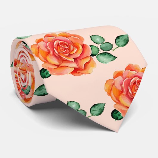 Roze Groene Perzik Bloemen Waterverf Rozen Stropdas (Opgerold)