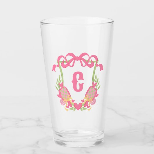 Roze & Groene Pickleball Paddles Monogram Crest Glas (Voorkant)