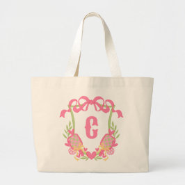 Roze & Groene Pickleball Paddles Monogram Crest Grote Tote Bag