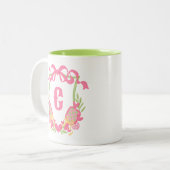 Roze & Groene Pickleball Paddles Monogram Crest Tweekleurige Koffiemok (Voorkant links)