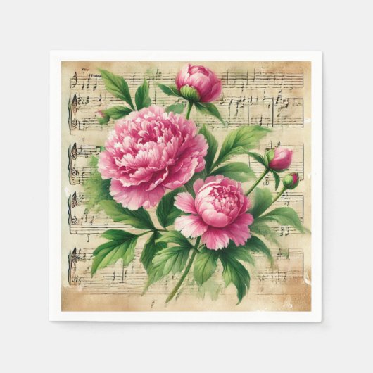  Roze & Groene Pioenen Bladmuziek Decoupage Servet (Voorkant)