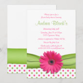 Roze groene poka Dot Daisy Baby shower Uitnodiging (Voorkant / Achterkant)