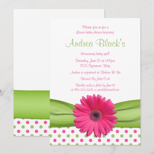 Roze groene poka Dot Daisy Baby shower Uitnodiging (Voorkant / Achterkant)