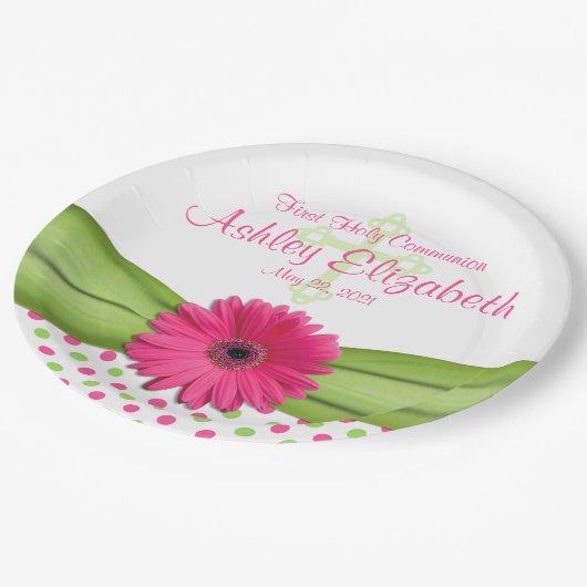 Roze groene poka Dots First Communalized Papieren Bordje (Gekanteld)