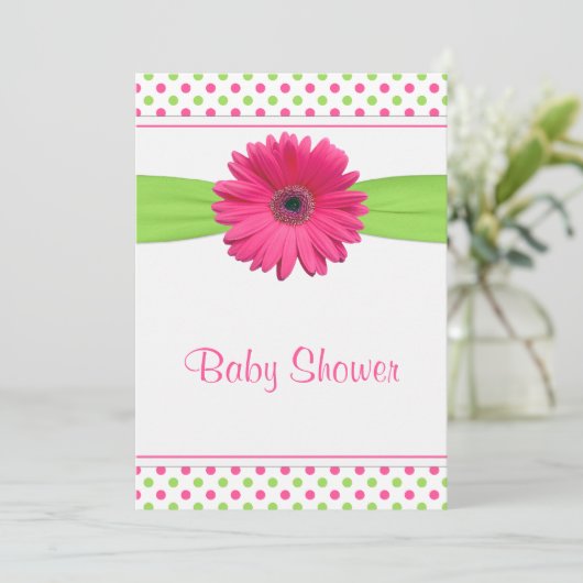 Roze groene poladot Baby shower uitnodiging (Staand voorkant)