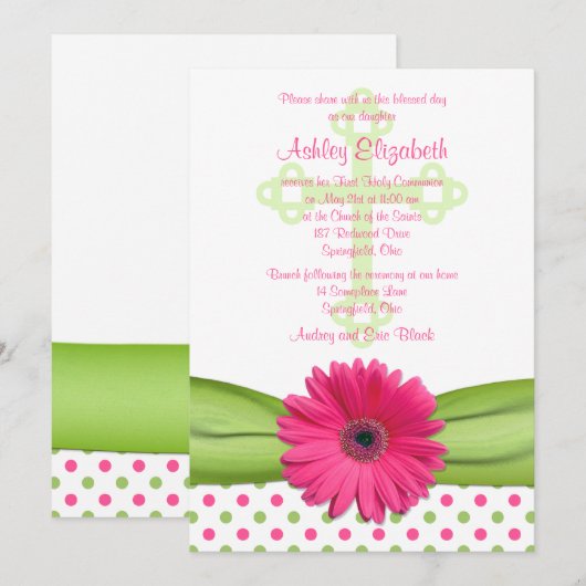 Roze groene poladots eerste communiqué uitnodiging (Voorkant / Achterkant)