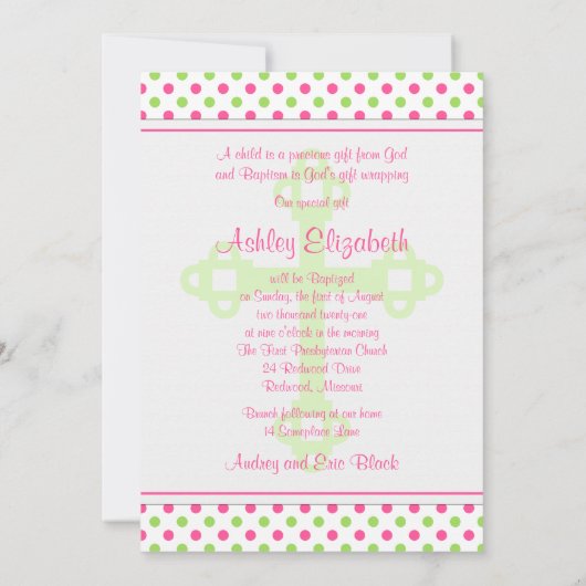 Roze groene polaire dot baptisme uitnodiging (Achterkant)