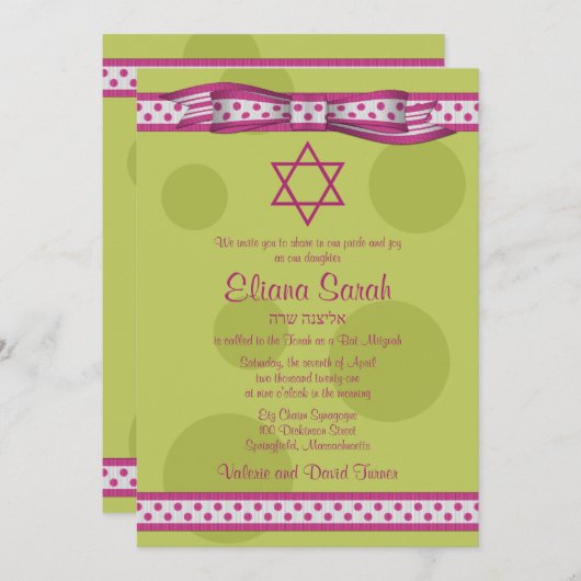 Roze groene polaire dots bow bat mitzvah uitnodigi kaart (Voorkant / Achterkant)
