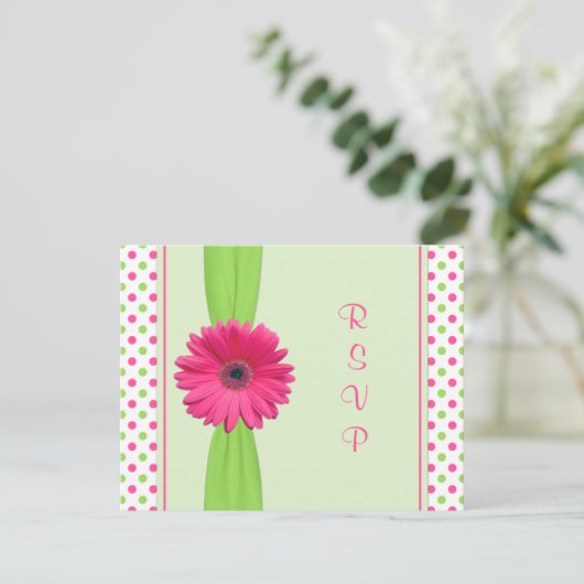 Roze groene Polka Dot Daisy Bat Mitzvah Reply Kaar RSVP Kaartje (Staand voorkant)