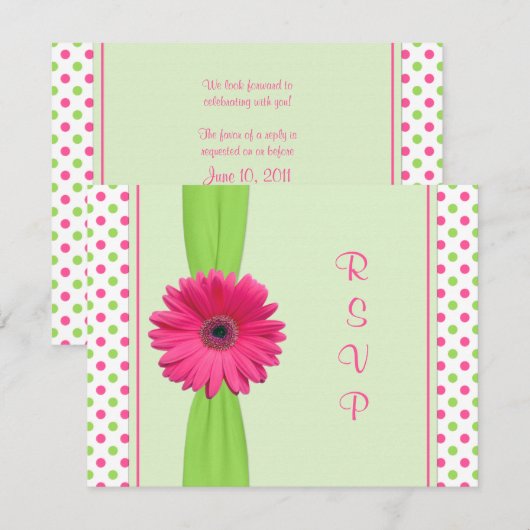 Roze groene Polka Dot Daisy Bat Mitzvah Reply Kaar RSVP Kaartje (Voorkant / Achterkant)