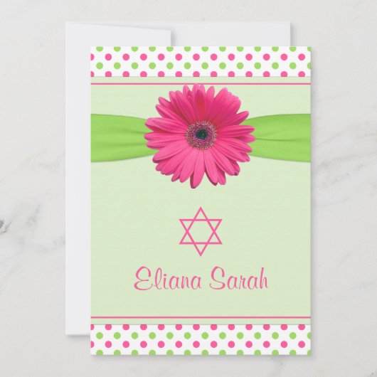 Roze Groene Polka Dot Gerber Bat Mitzvah Uitnodigi Kaart (Voorkant)