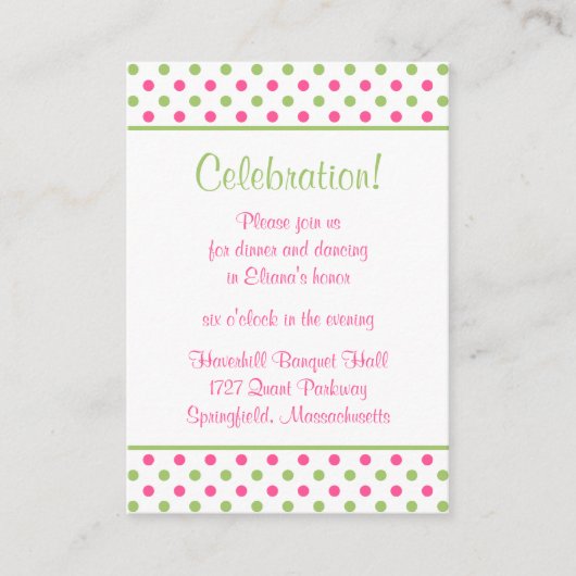Roze Groene Polka Dots Bat Mitswa Receptie Kaart (Voorkant)