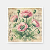  Roze & Groene Poppies Bladmuziek Decoupage Servet (Voorkant)