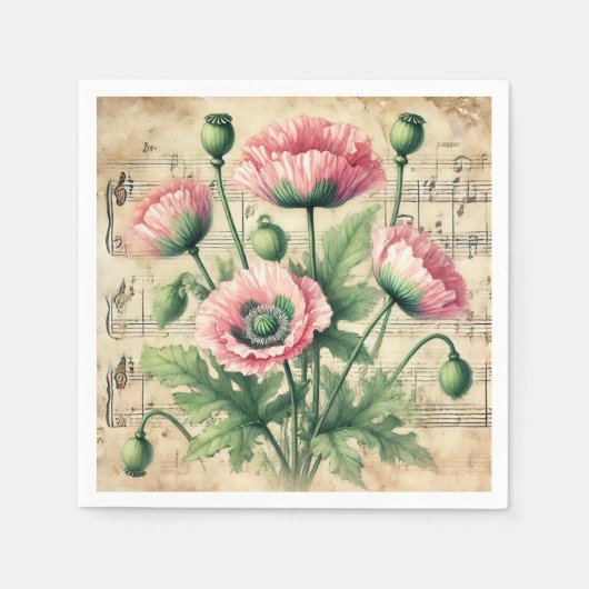  Roze & Groene Poppies Bladmuziek Decoupage Servet (Voorkant)