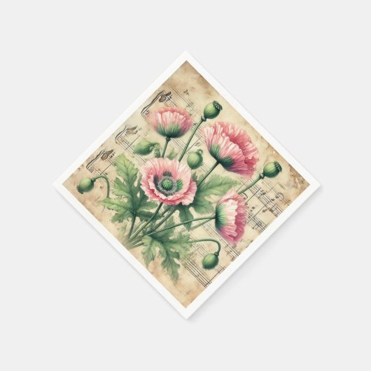  Roze & Groene Poppies Bladmuziek Decoupage Servet (Hoek)