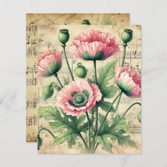  Roze & Groene Poppies Bladmuziek Scrapbook (Voorkant / Achterkant)