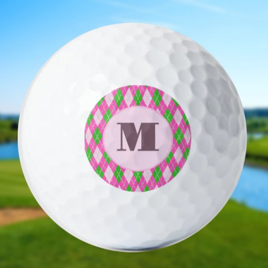 Roze groene preppy argyle op maat gemonogrammeerde golfballen