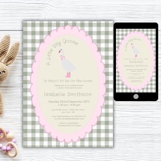 Roze & Groene Preppy Gekke Gans Baby shower Kaart